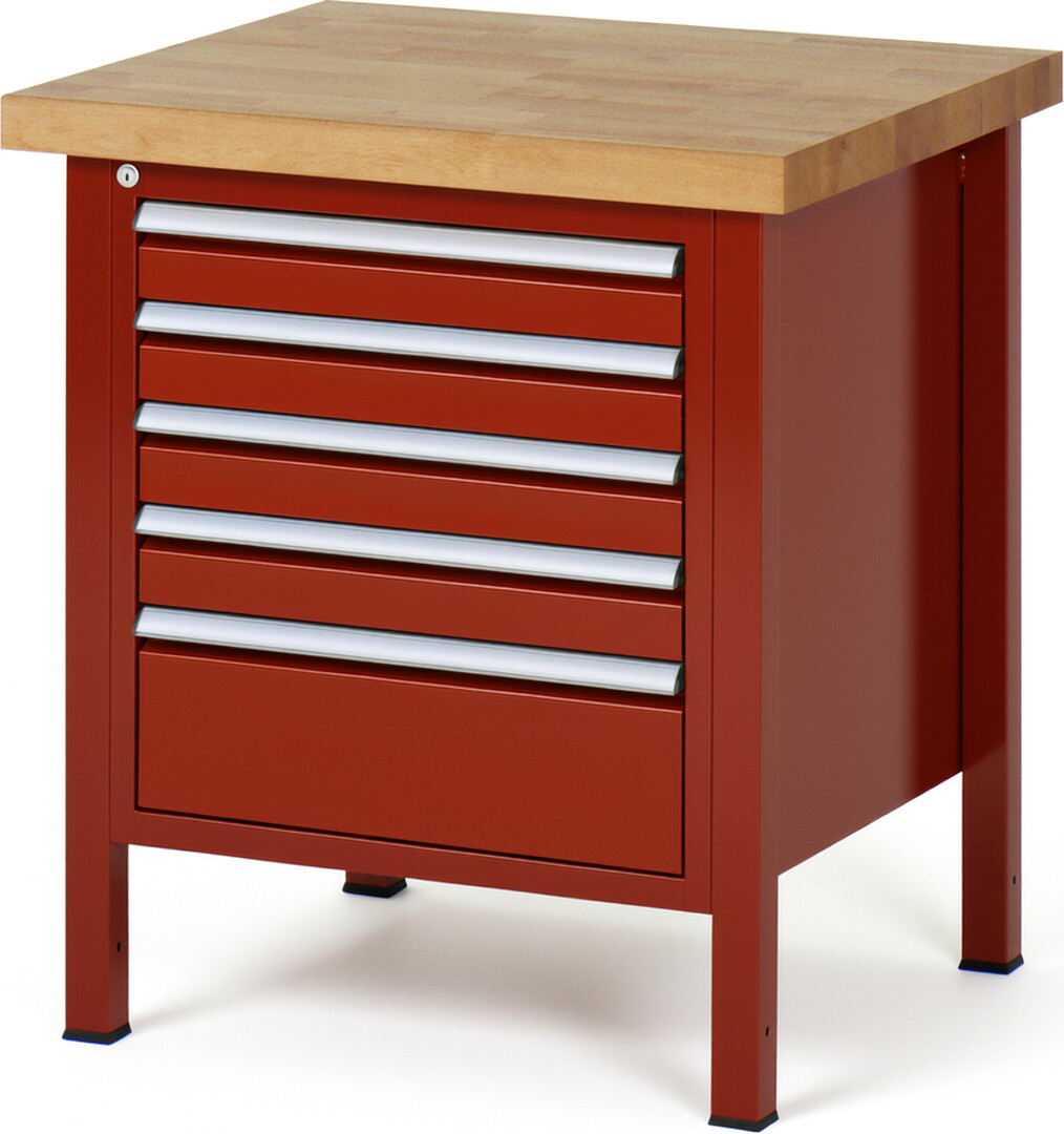 Werkbank Modell 8168 rot, BxTxH 750x700x840 mm,  Buche-Massiv Arbeitsplatte 40 mm,  5 Schubladen mit  Vollauszug 100 % und  SoftClosing