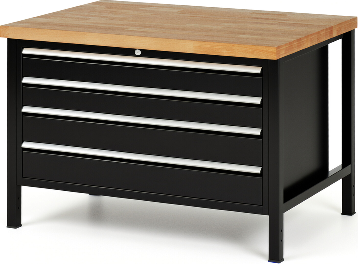 Werkbank Modell 8362 schwarz, BxTxH 1250x900x840-1040 mm,  Buche-Massiv Arbeitsplatte 40 mm,  4 Schubladen mit  Auszug 90 %