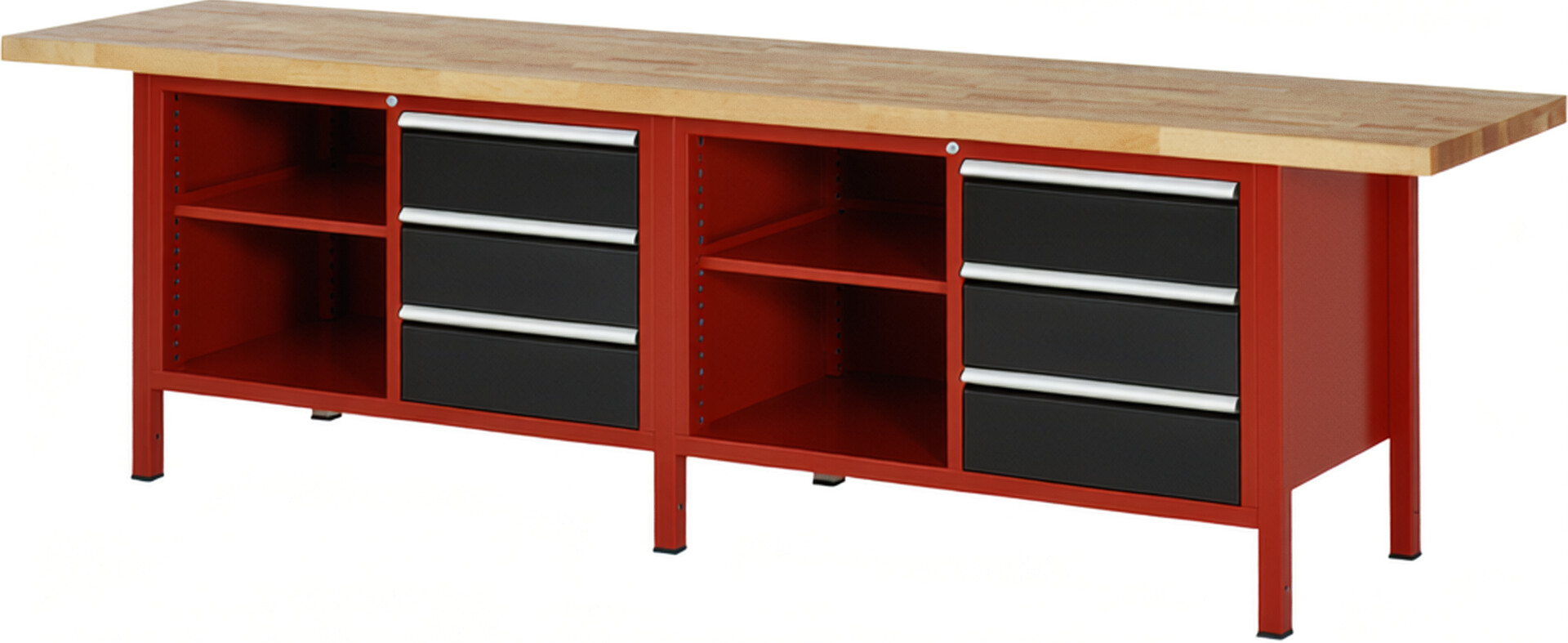 Werkbank Modell 8462 rot - schwarz, BxTxH 3000x700x840 mm,  Buche-Massiv Arbeitsplatte 40 mm,  6 Schubladen mit  Vollauszug 100 % und  SoftClosing