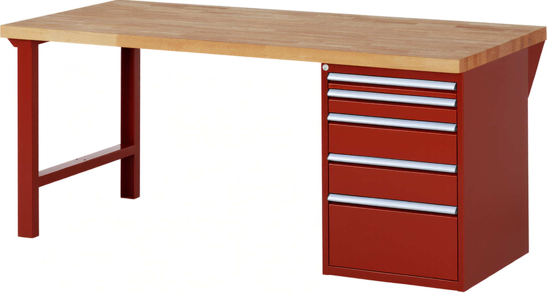 Werkbank Modell 7511 rot, BxTxH 2000x900x890 mm,  Buche-Massiv Arbeitsplatte 40 mm,  5 Schubladen mit  Auszug 90 %