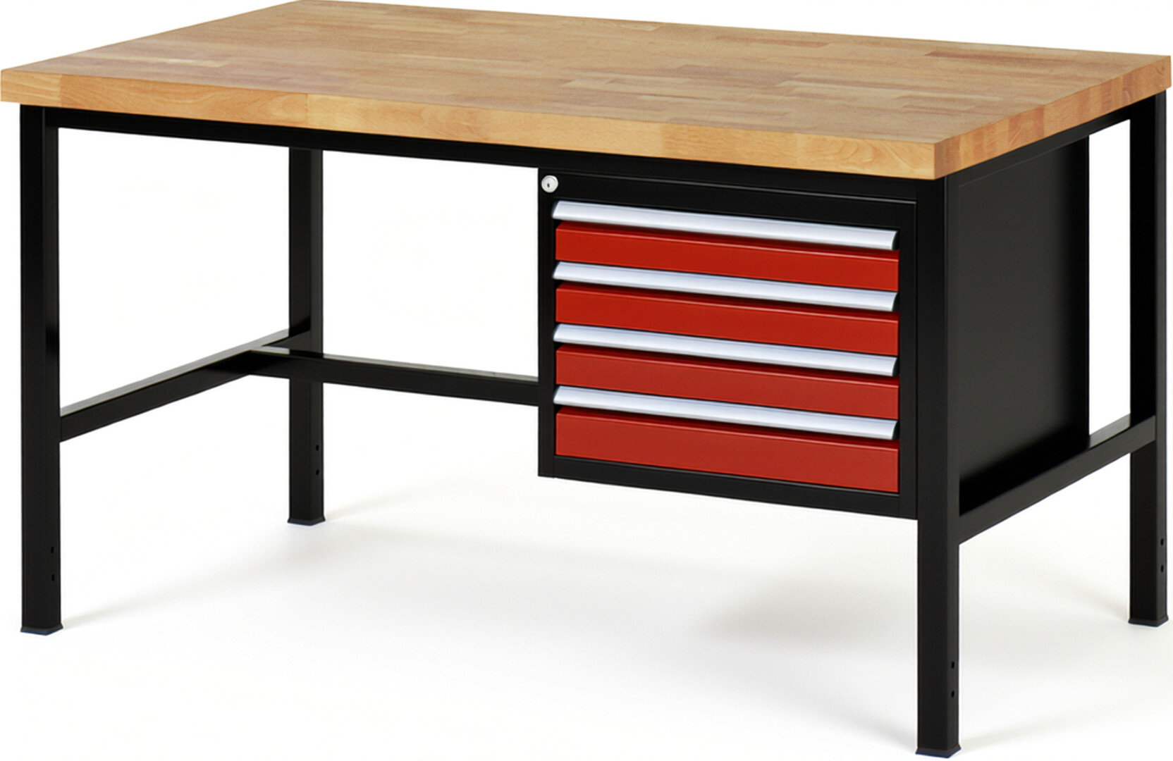 RAU Werkbank schwarz - rot - Breite 150 cm - Tiefe 90 cm - Höhe 104 cm - Buche-Massiv Arbeitsplatte 40 mm