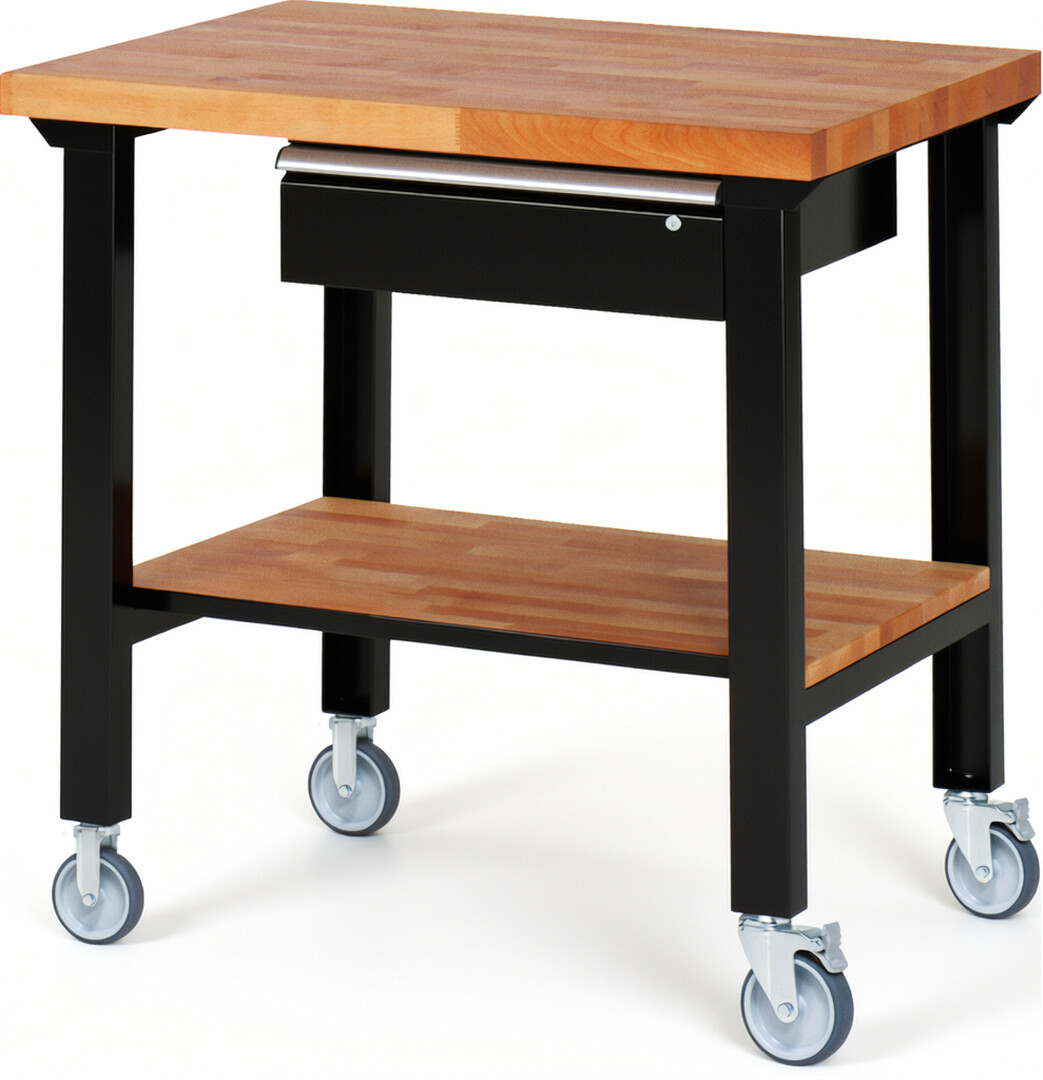 Fahrbare Werkbank Modell 7001 schwarz, BxTxH 1000x700x1000 mm,  Buche-Massiv Arbeitsplatte 40 mm,  1 Schublade mit  Auszug 90 %