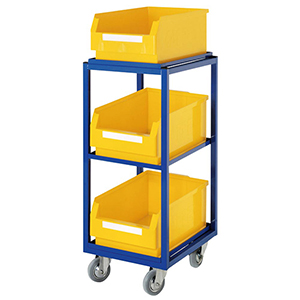 Beistell- und Kommissionierwagen, BxTxH 383x485x923 mm, 3 gerade Böden, 3 Kästen Gr. 2 gelb, Traglast 230 kg