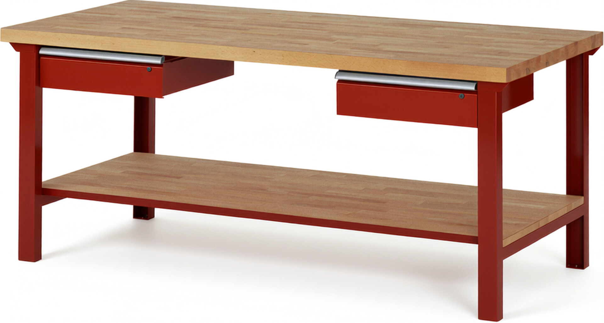 Werkbank Modell 7002 rot, BxTxH 2000x900x840 mm,  Buche-Massiv Arbeitsplatte 40 mm,  2 Schubladen mit  Auszug 90 %