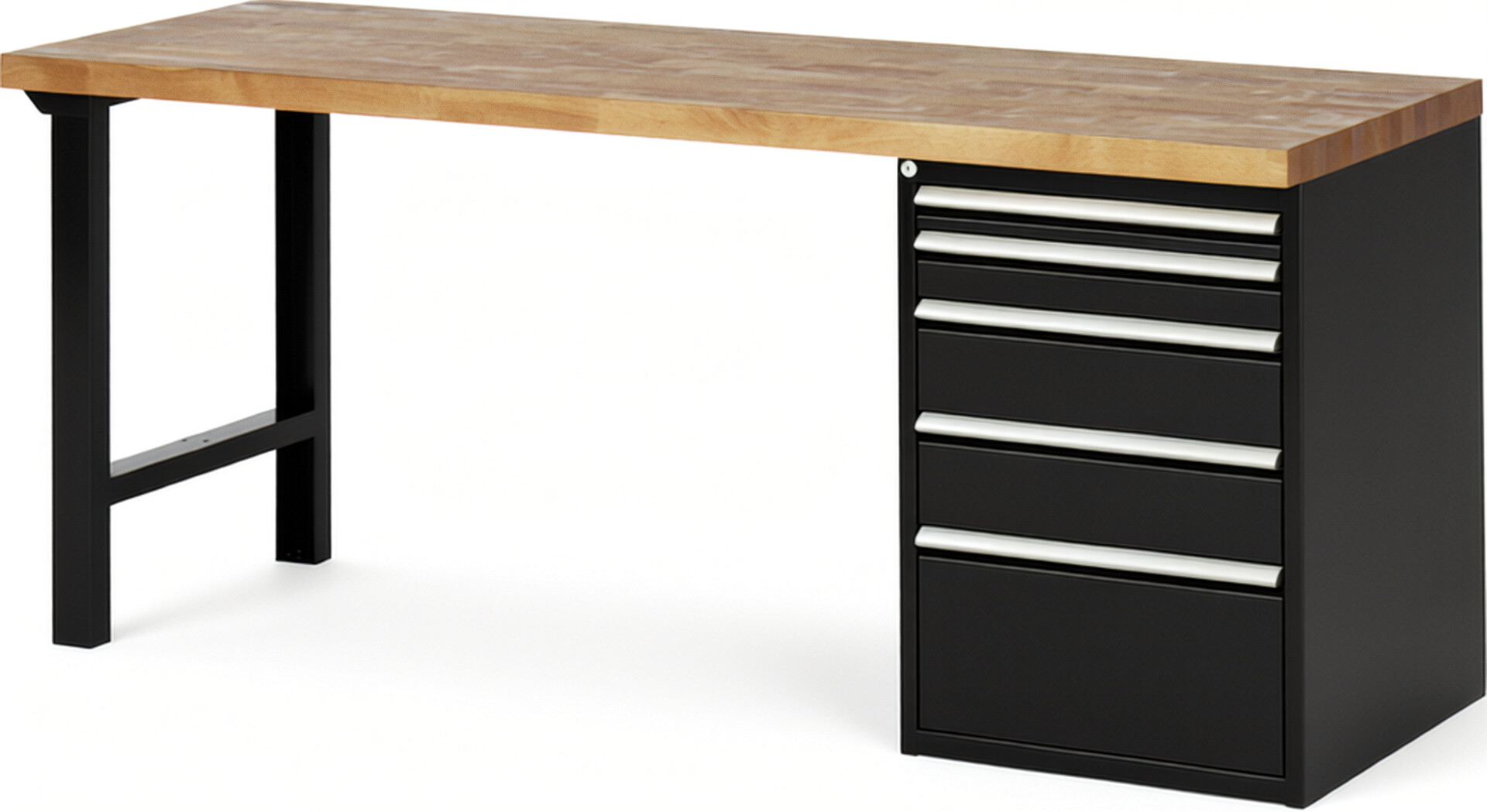 Werkbank Modell 7511 schwarz, BxTxH 2000x700x890 mm,  Buche-Massiv Arbeitsplatte 40 mm,  5 Schubladen mit  Auszug 90 %