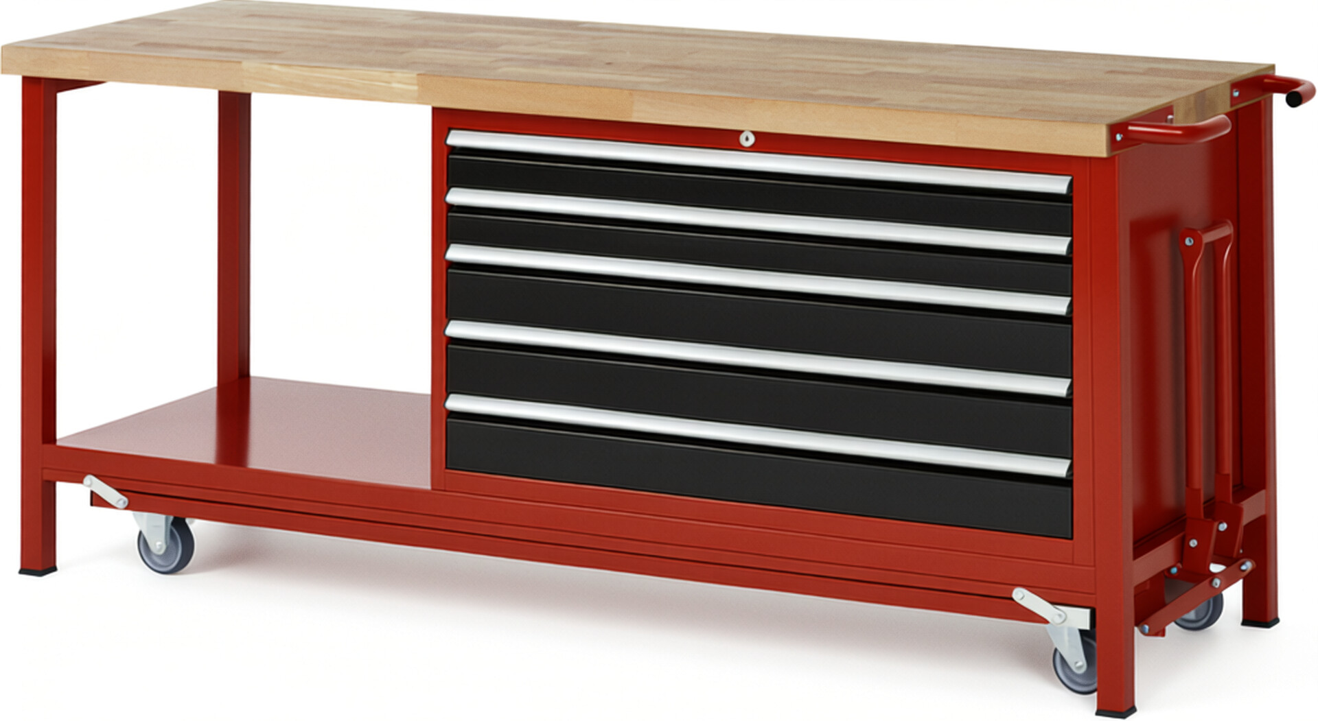 Absenkbare Werkbank Modell 8371 rot - schwarz, BxTxH 2000x700x880 mm,  Buche-Massiv Arbeitsplatte 40 mm,  5 Schubladen mit  Auszug 90 %