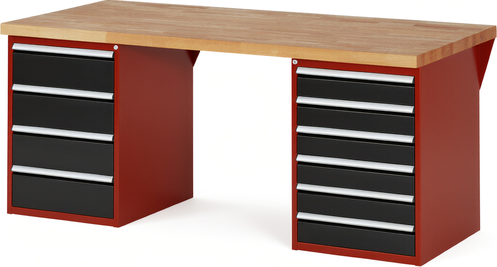 Werkbank Modell 7821 rot - schwarz, BxTxH 2000x900x890 mm,  Buche-Massiv Arbeitsplatte 40 mm,  10 Schubladen mit  Auszug 90 %