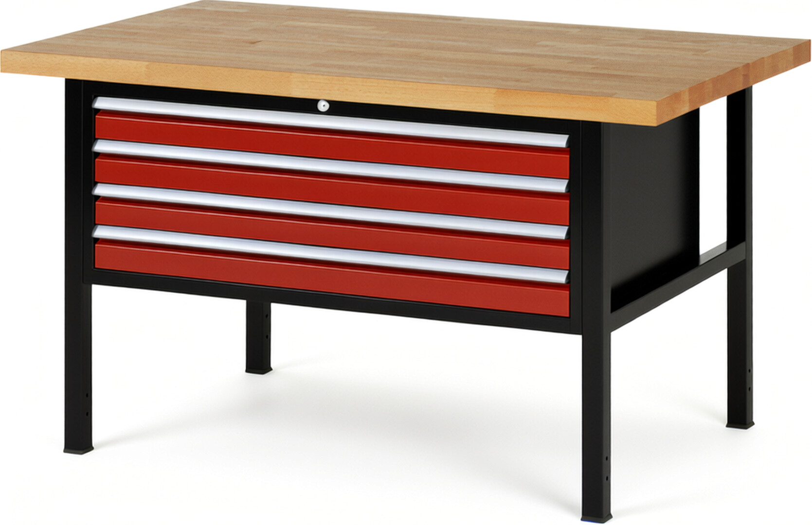 RAU Werkbank schwarz - rot - Breite 150 cm - Tiefe 90 cm - Höhe 104 cm - Buche-Massiv Arbeitsplatte 40 mm
