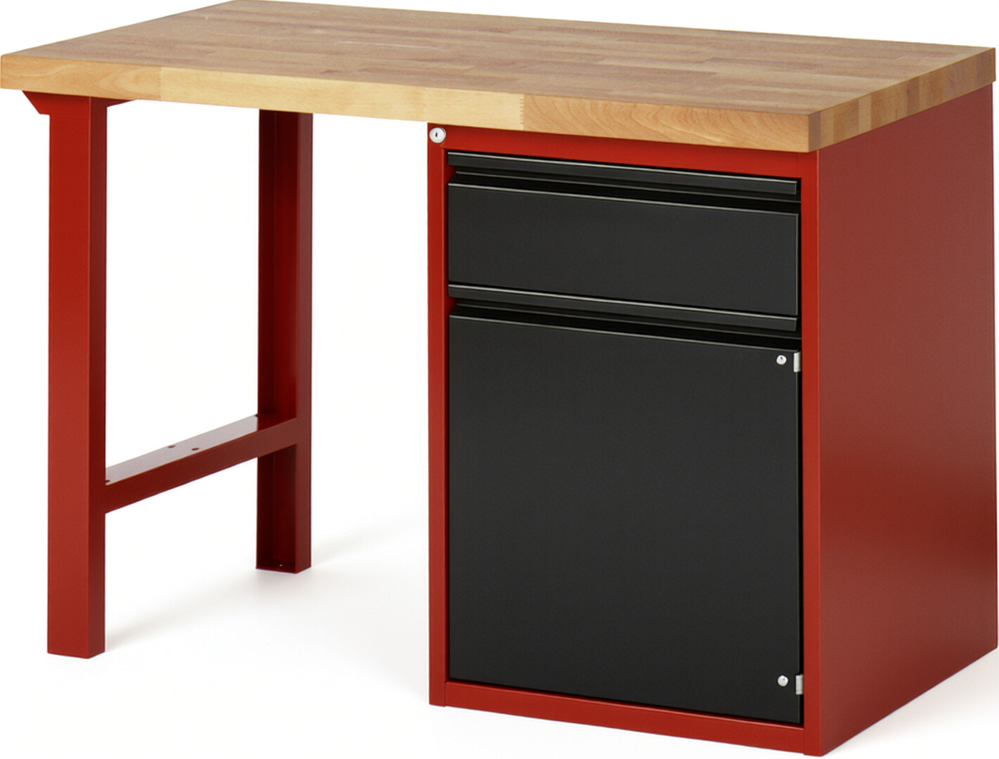 Werkbank rot - schwarz, BxTxH 1250x700x840 mm, Platte Buche 40 mm, 1 Schublade 180 mm, 1 Tür 540 mm, 1 Fachboden, RAL 3000/9011