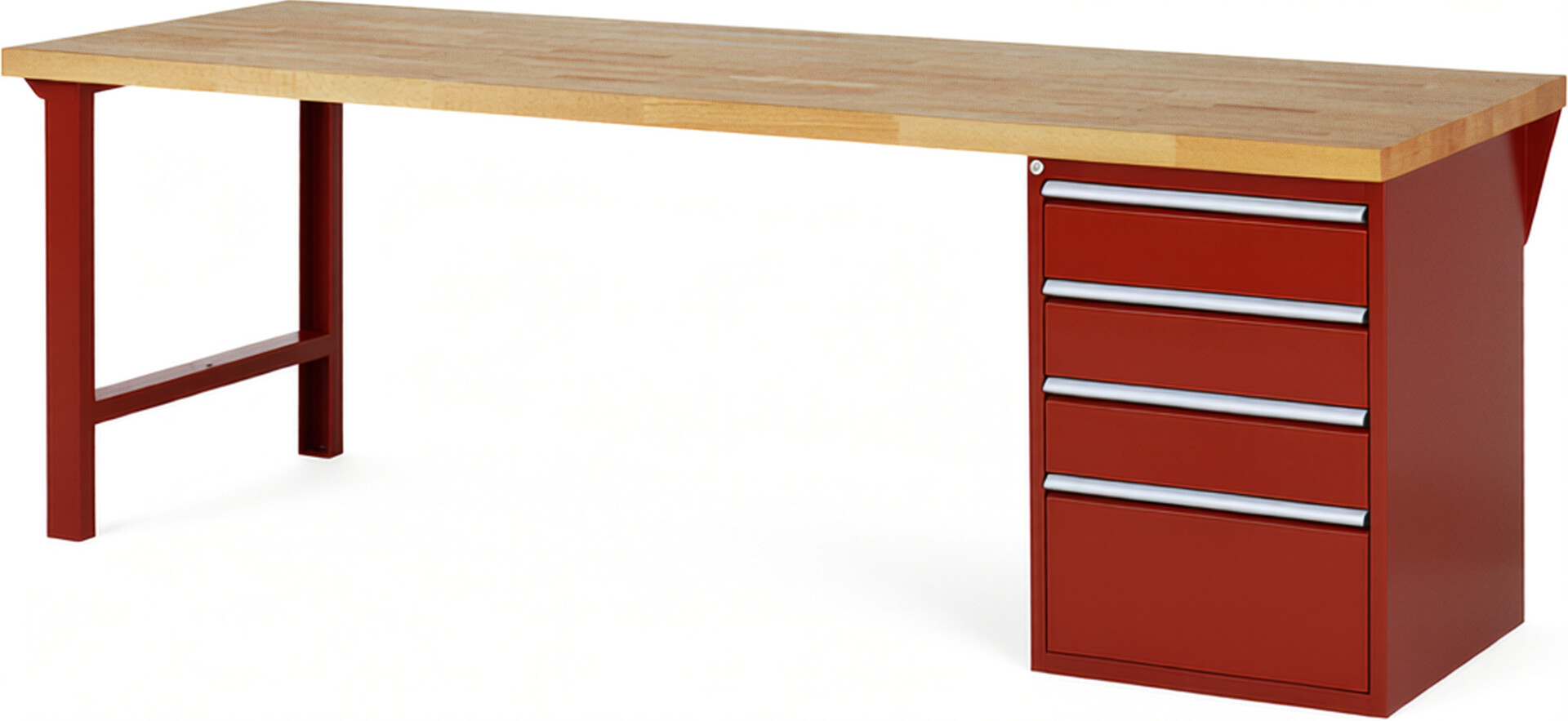 Werkbank Modell 7510 rot, BxTxH 2500x900x890 mm,  Buche-Massiv Arbeitsplatte 40 mm,  4 Schubladen mit  Auszug 90 %
