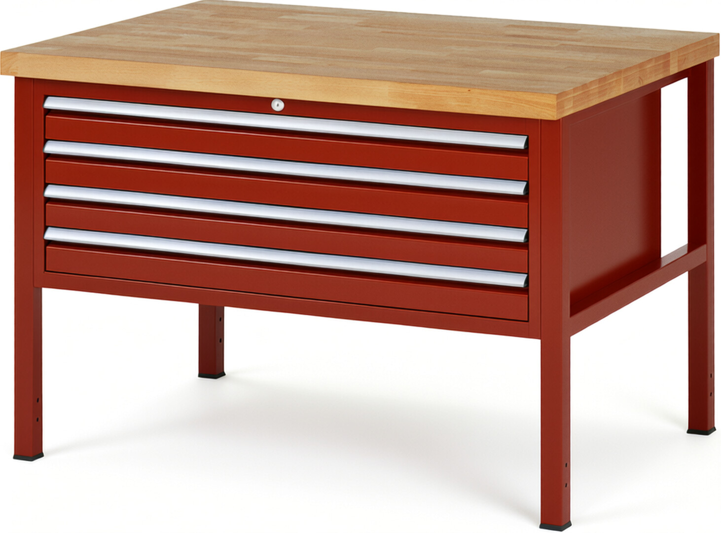 Werkbank Modell 8333 rot, BxTxH 1250x900x840 mm,  Buche-Massiv Arbeitsplatte 40 mm,  4 Schubladen mit  Vollauszug 100 % und  SoftClosing