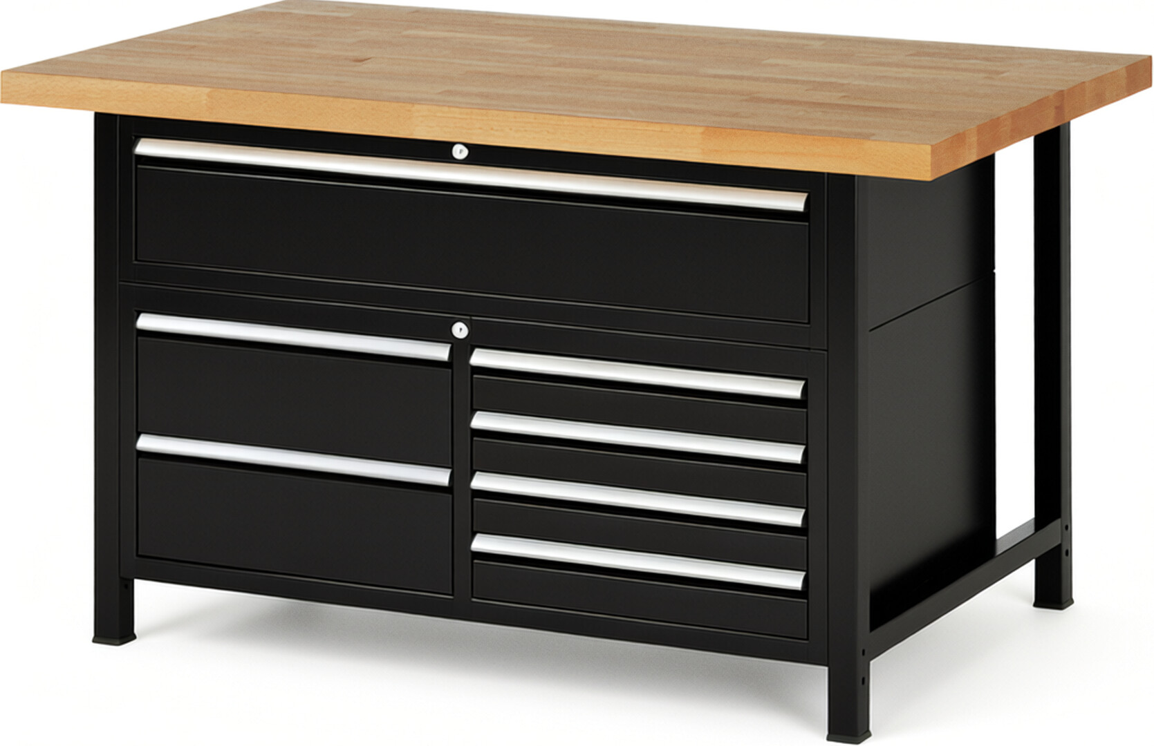 Werkbank Modell 8921 schwarz, BxTxH 1500x900x840 mm,  Buche-Massiv Arbeitsplatte 40 mm,  7 Schubladen mit  Auszug 90 %