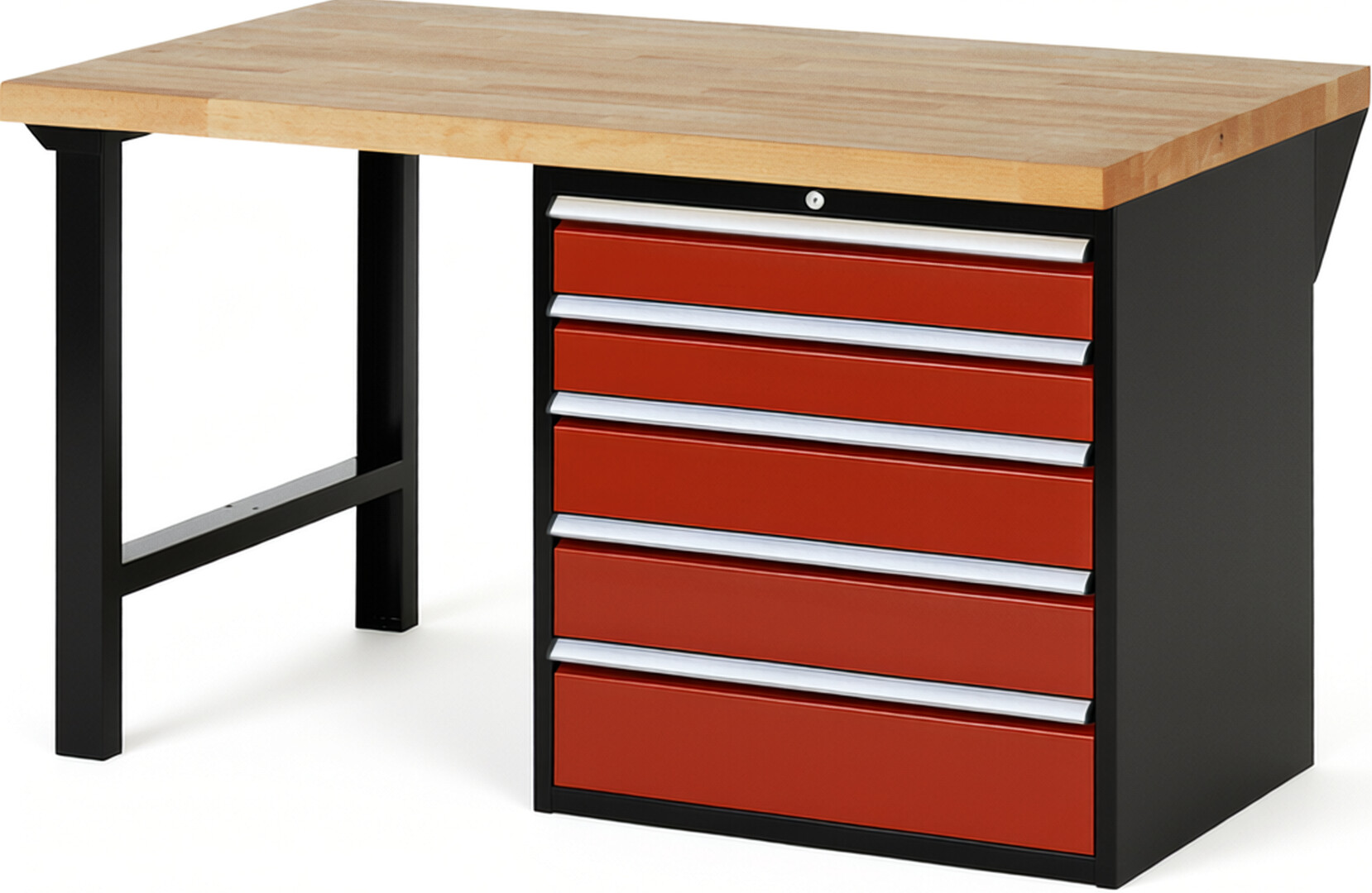 RAU Werkbank schwarz - rot - Breite 150 cm - Tiefe 90 cm - Höhe 89 cm - Buche-Massiv Arbeitsplatte 40 mm