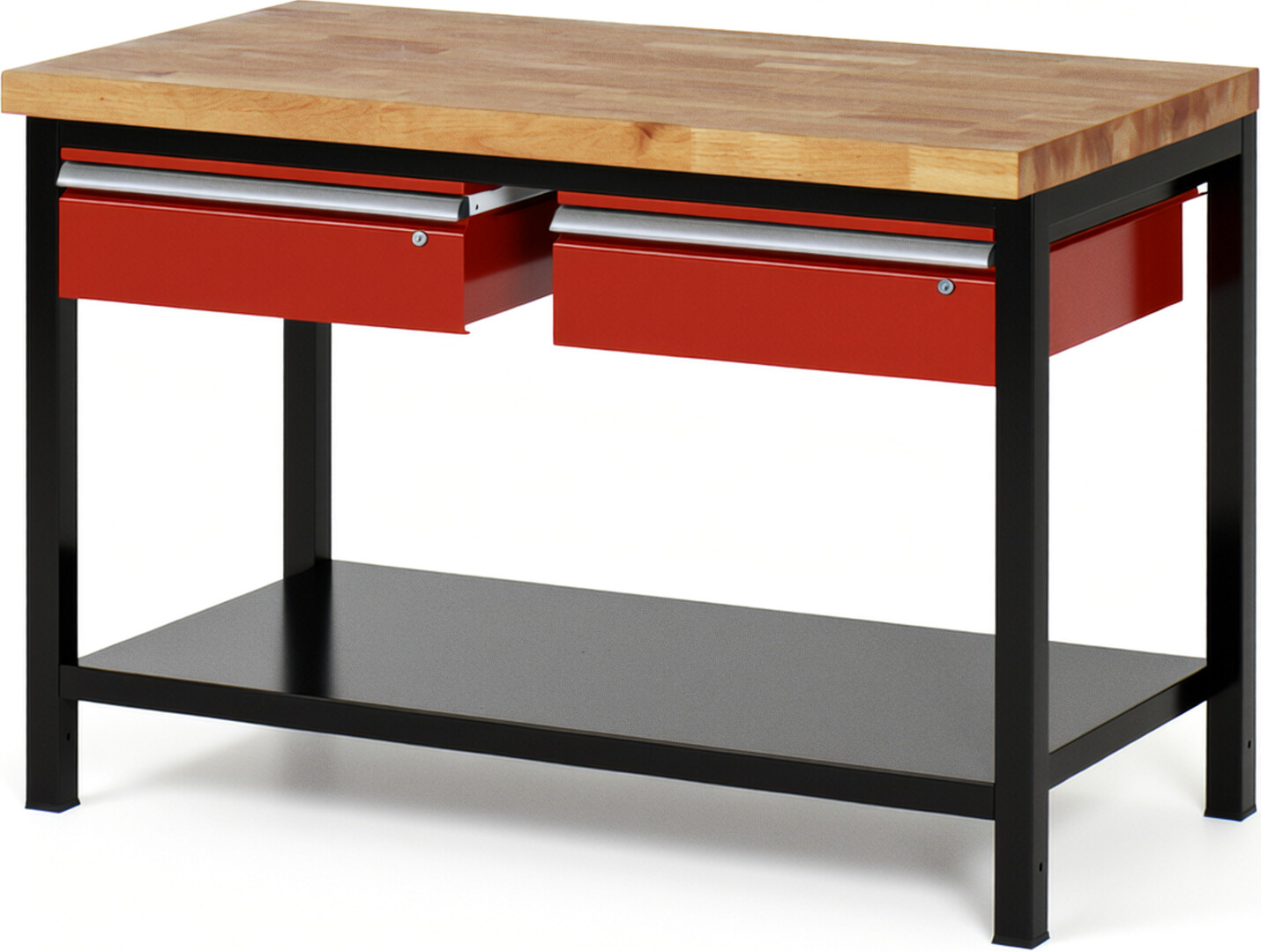RAU Werkbank schwarz - rot - Breite 125 cm - Tiefe 70 cm - Höhe 104 cm - Buche-Massiv Arbeitsplatte 40 mm