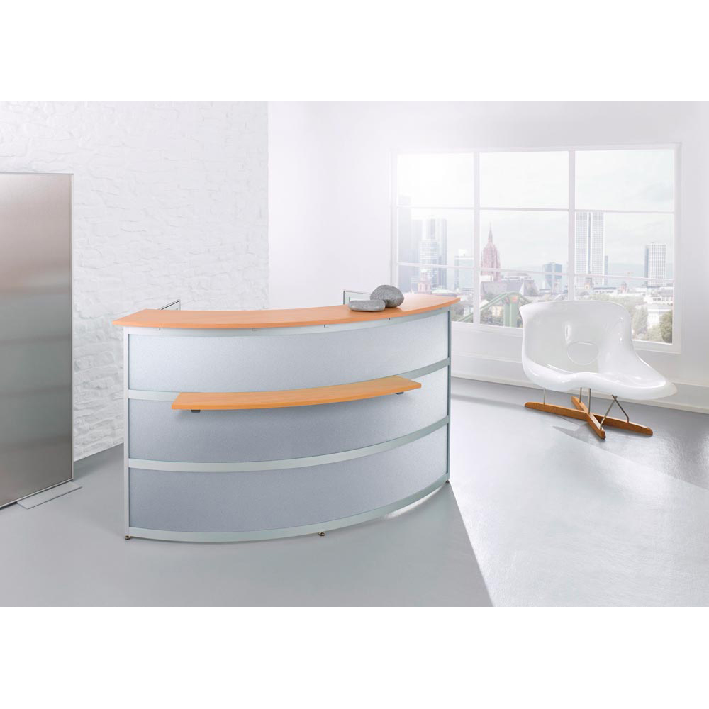 Grundtheke rund, Empfangstheke, Edelstahlfinish, Platte anthrazit, BxTxH 2200x850x1100mm