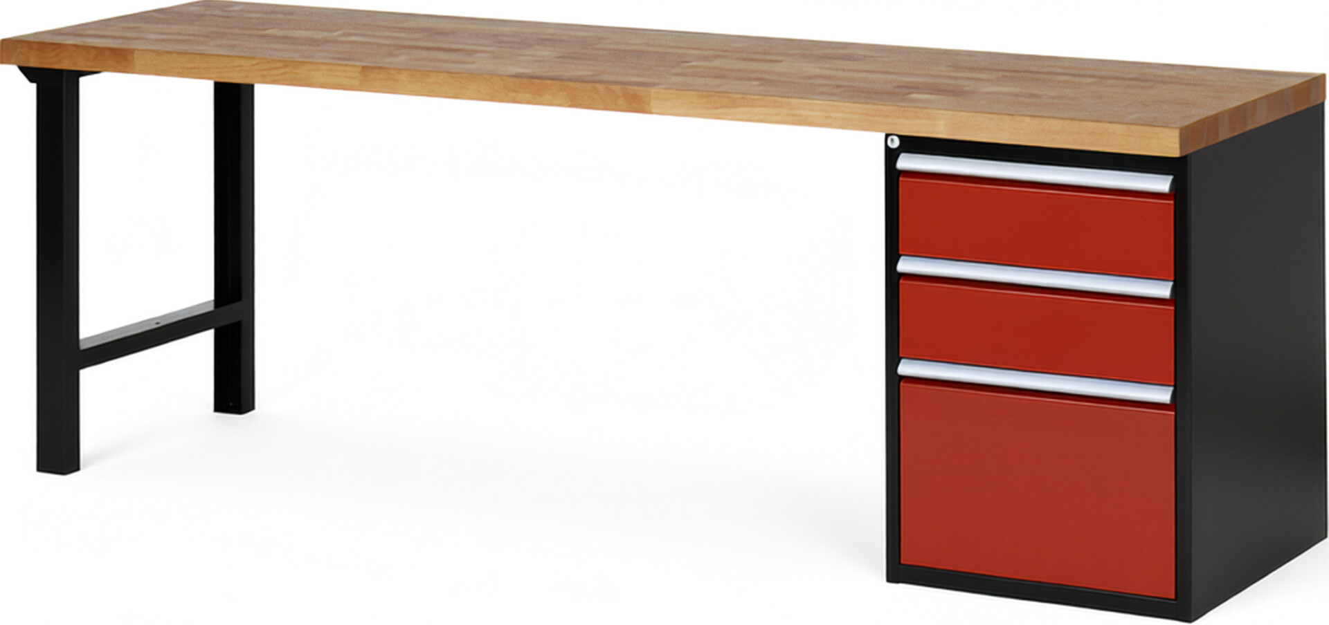 Werkbank Modell 7507 schwarz-rot, BxTxH 2500x700x840 mm,  Buche-Massiv Arbeitsplatte 40 mm,  3 Schubladen mit  Auszug 90 %