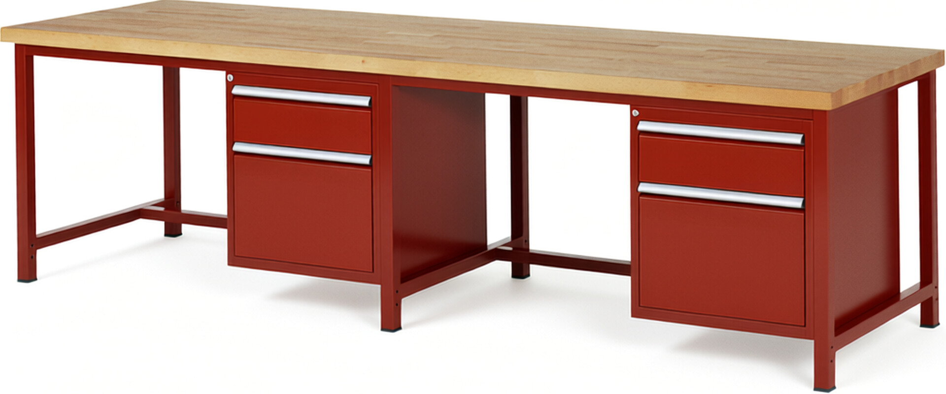 Werkbank Modell 8156 rot, BxTxH 3000x900x840 mm,  Buche-Massiv Arbeitsplatte 40 mm,  4 Schubladen mit  Vollauszug 100 % und  SoftClosing