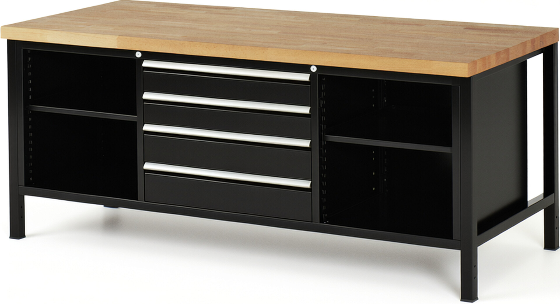 Werkbank Modell 8751 schwarz, BxTxH 2000x900x840-1040 mm,  Buche-Massiv Arbeitsplatte 40 mm,  4 Schubladen mit  Auszug 90 %