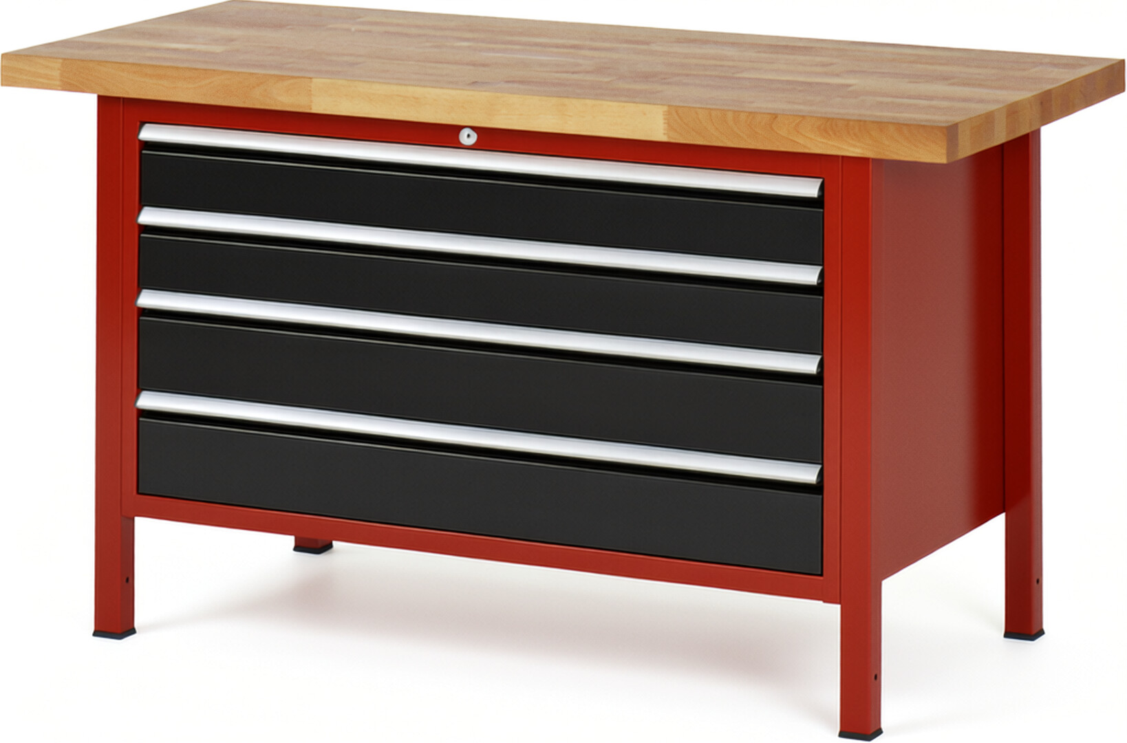 Werkbank Modell 8362 rot - schwarz, BxTxH 1500x700x840-1040 mm,  Buche-Massiv Arbeitsplatte 40 mm,  4 Schubladen mit  Auszug 90 %