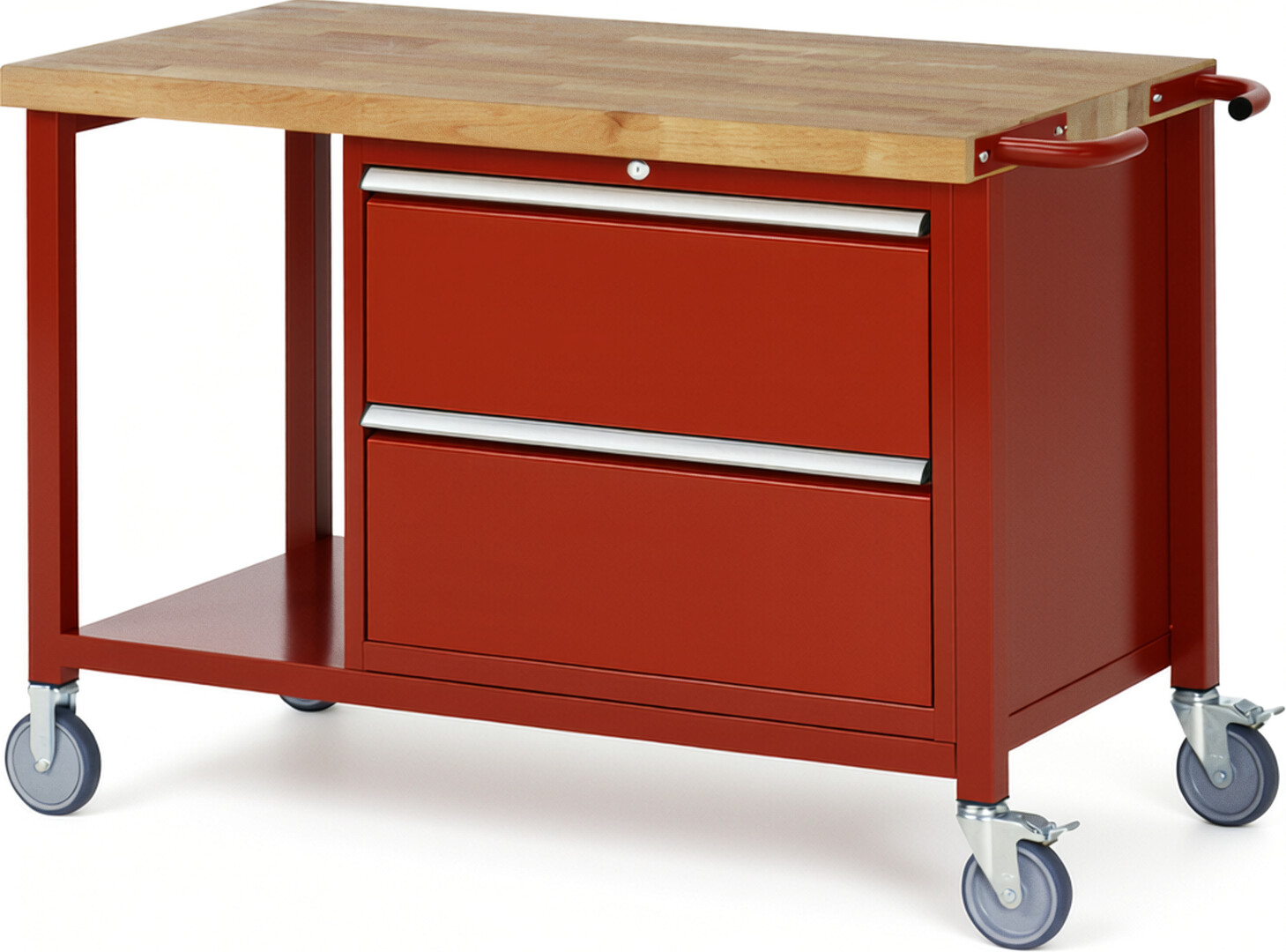 Fahrbare Werkbank Modell 8255 rot, BxTxH 1250x700x880 mm,  Buche-Massiv Arbeitsplatte 40 mm,  2 Schubladen mit  Vollauszug 100 % und  SoftClosing