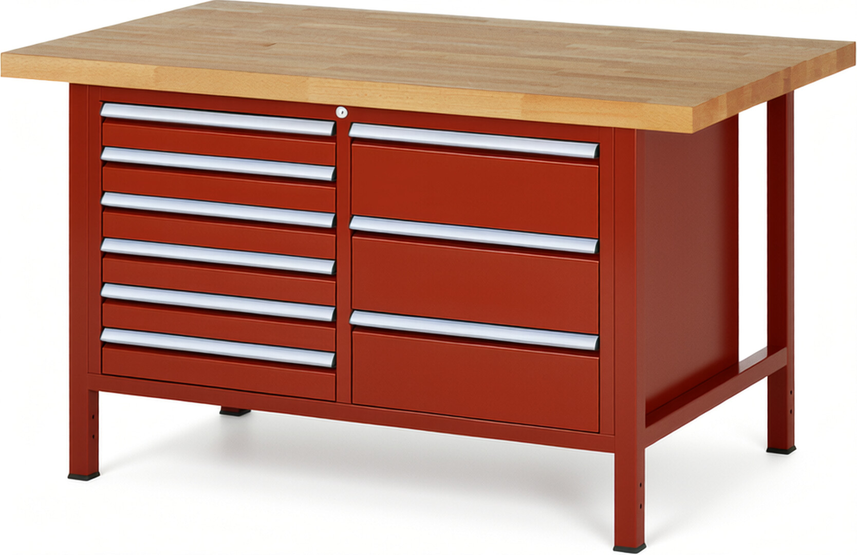 Werkbank Modell 8479 rot, BxTxH 1500x900x840-1040 mm,  Buche-Massiv Arbeitsplatte 40 mm,  9 Schubladen mit  Vollauszug 100 % und  SoftClosing