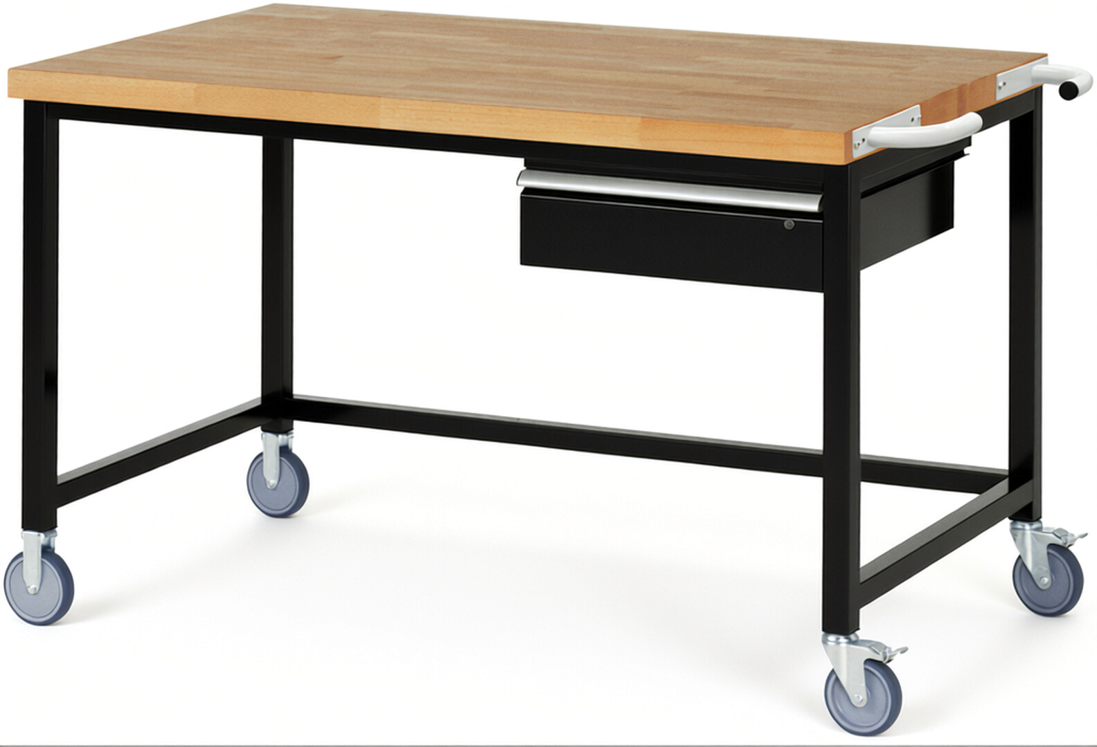 Fahrbare Werkbank Modell 8001 schwarz, BxTxH 1500x900x880-1080 mm,  Buche-Massiv Arbeitsplatte 40 mm,  1 Schublade mit  Auszug 90 %