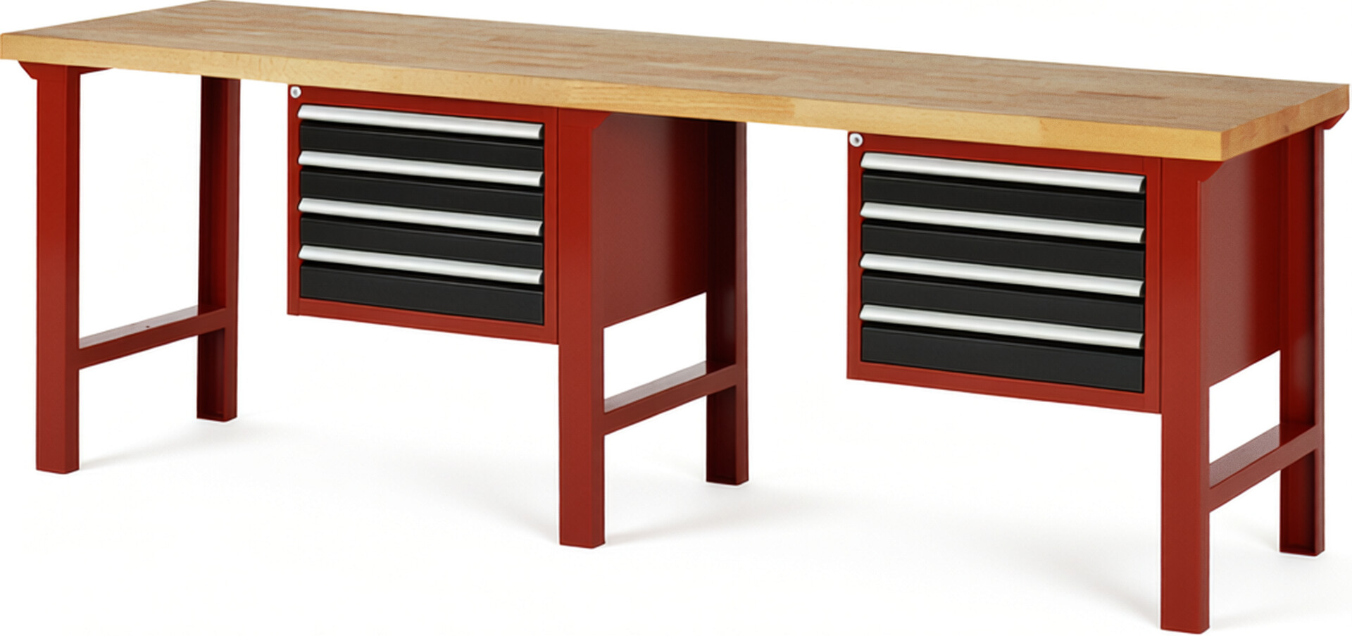 Werkbank Modell 7133 rot - schwarz, BxTxH 2500x700x840 mm,  Buche-Massiv Arbeitsplatte 40 mm,  8 Schubladen mit  Auszug 90 %