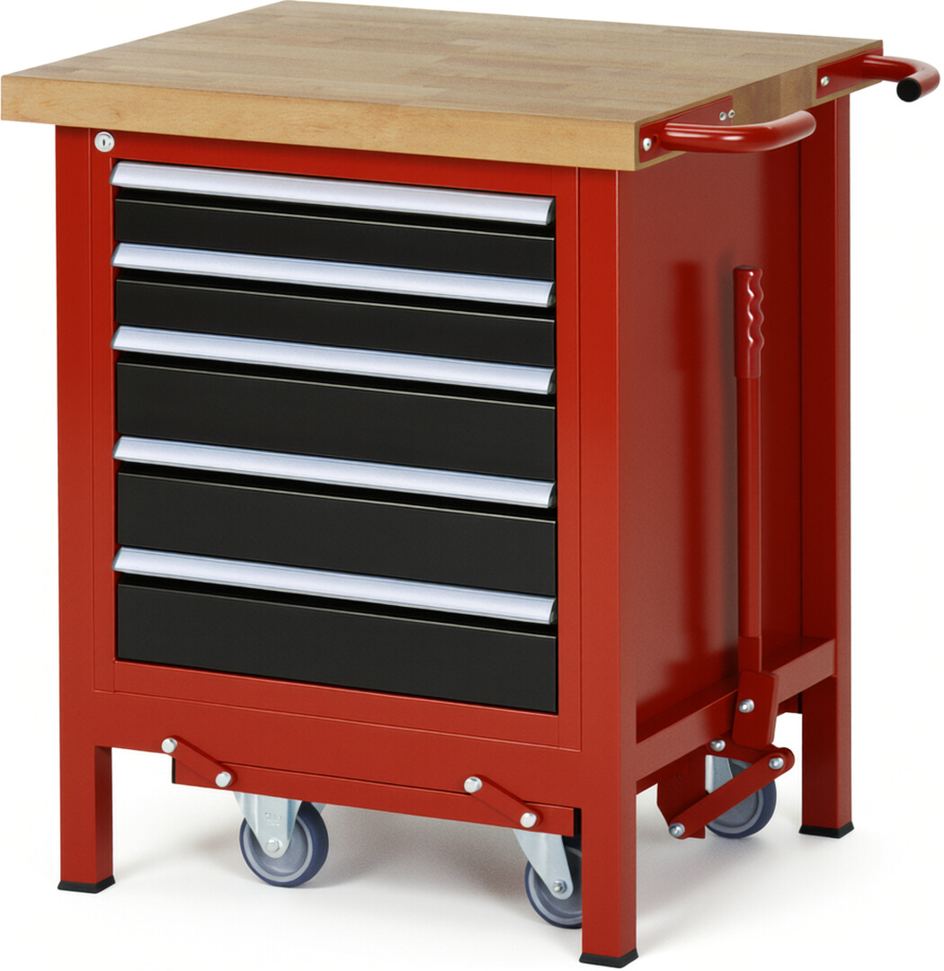 Absenkbare Werkbank Modell 8171 rot - schwarz, BxTxH 750x700x880 mm,  Buche-Massiv Arbeitsplatte 40 mm,  5 Schubladen mit  Auszug 90 %