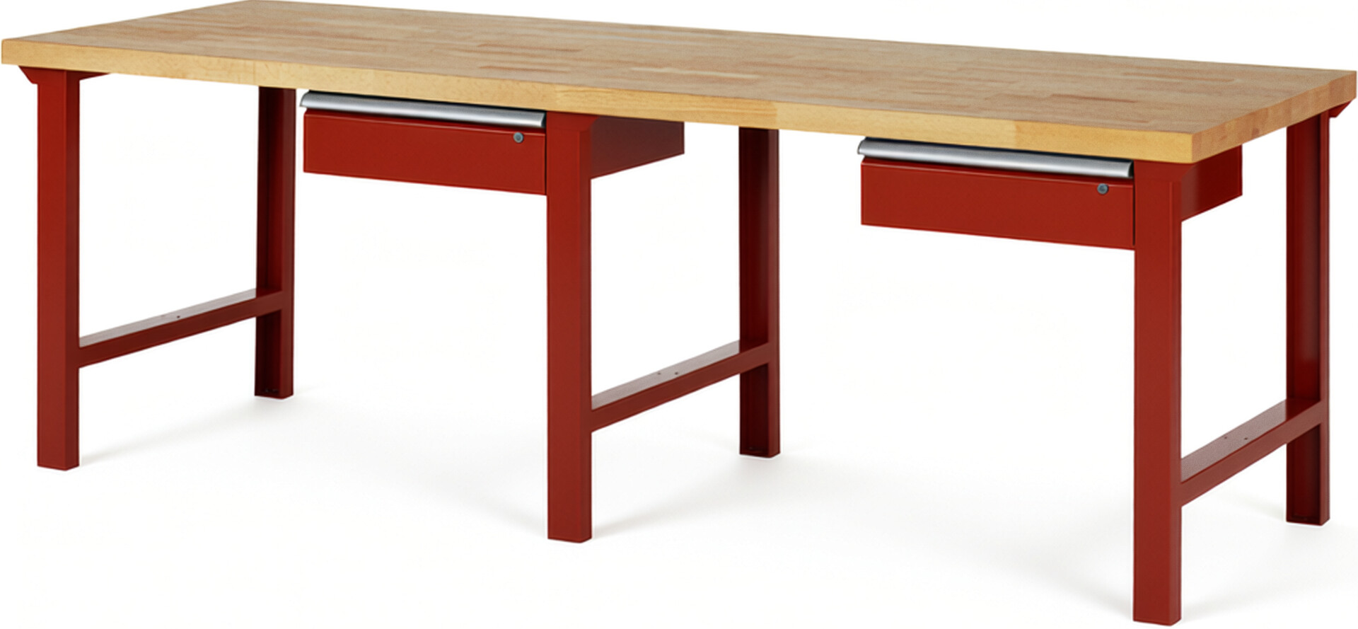 Werkbank Modell 7001 rot, BxTxH 2500x900x840 mm,  Buche-Massiv Arbeitsplatte 40 mm,  2 Schubladen mit  Auszug 90 %