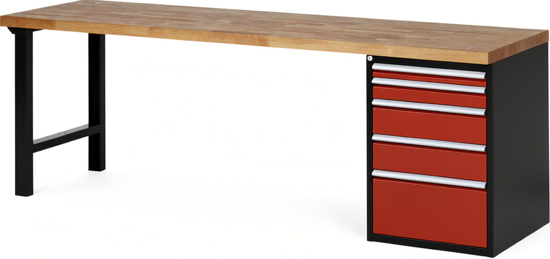 RAU Werkbank schwarz - rot - Breite 250 cm - Tiefe 70 cm - Höhe 89 cm - Buche-Massiv Arbeitsplatte 40 mm