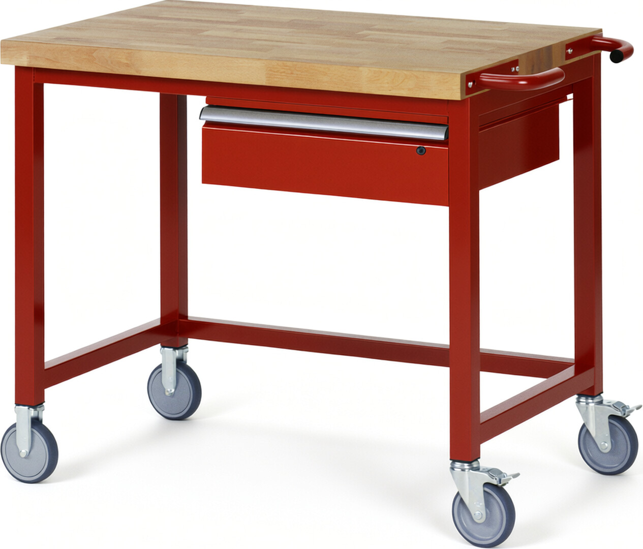 Fahrbare Werkbank Modell 8001 rot, BxTxH 1000x700x880-1080 mm,  Buche-Massiv Arbeitsplatte 40 mm,  1 Schublade mit  Auszug 90 %