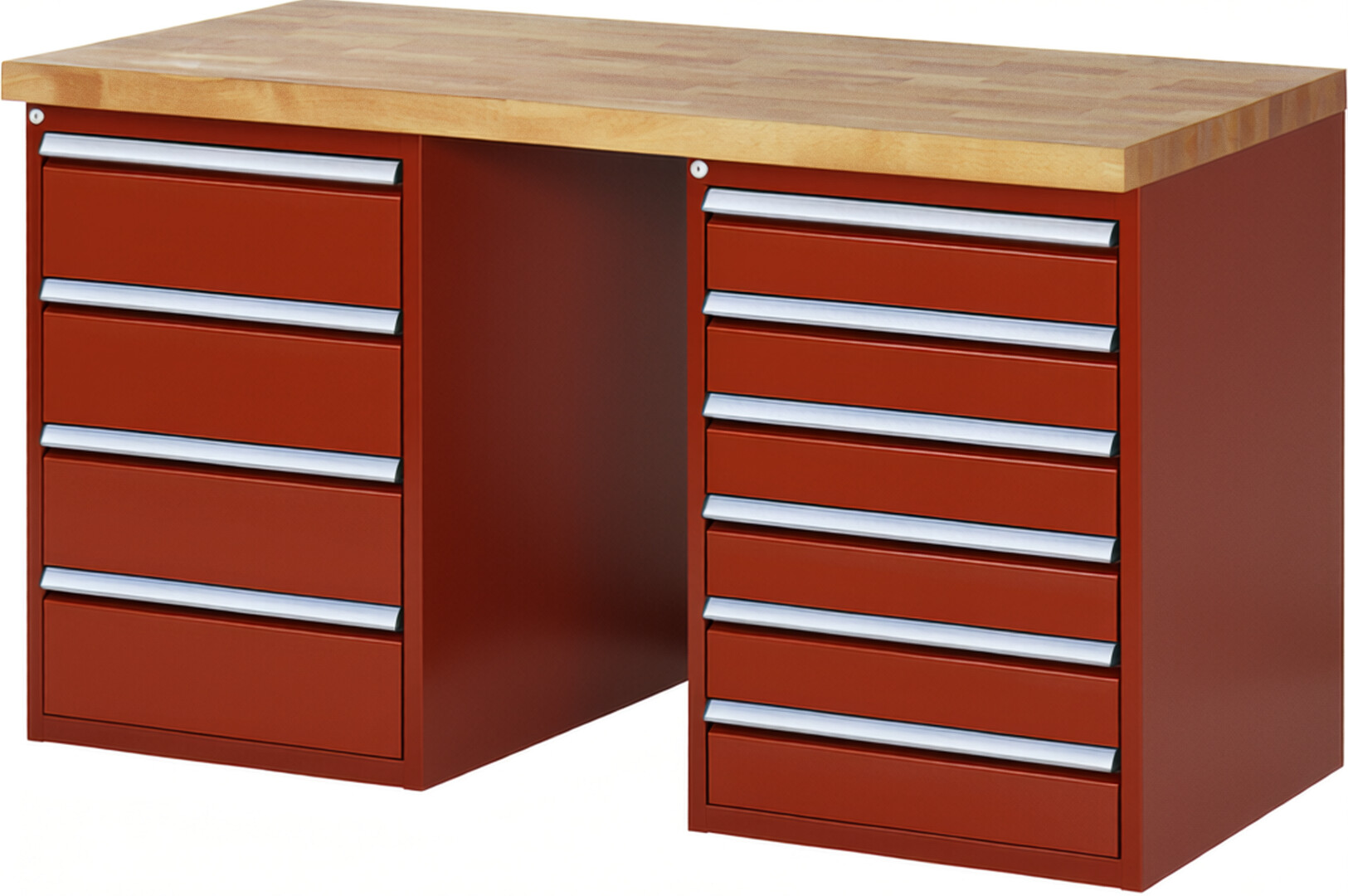 Werkbank Modell 7821 rot, BxTxH 1500x700x890 mm,  Buche-Massiv Arbeitsplatte 40 mm,  10 Schubladen mit  Auszug 90 %