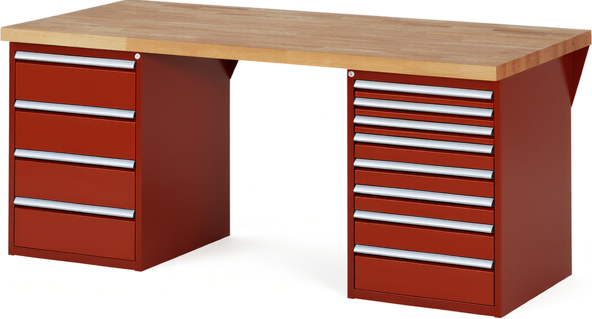 Werkbank Modell 7822 rot, BxTxH 2000x900x890 mm,  Buche-Massiv Arbeitsplatte 40 mm,  12 Schubladen mit  Vollauszug 100 % und  SoftClosing