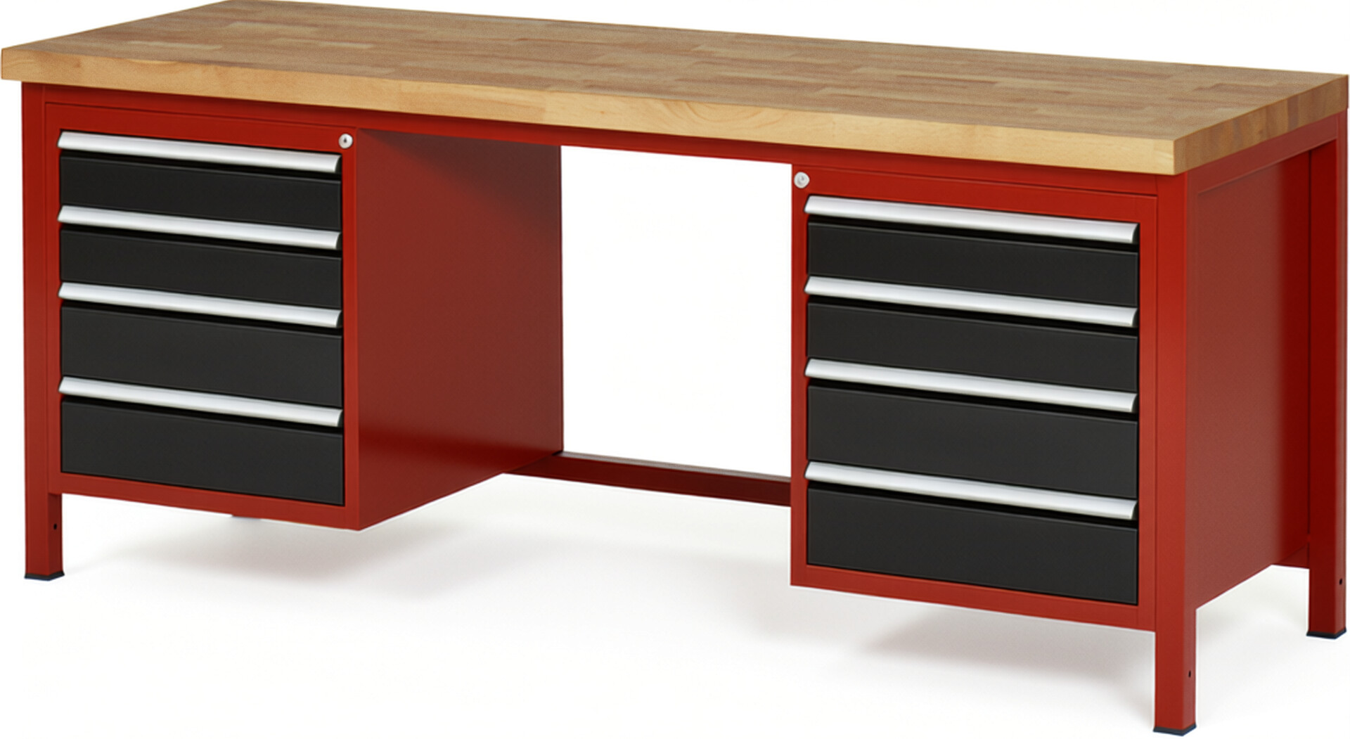 Werkbank Modell 8181 rot - schwarz, BxTxH 2000x700x840-1040 mm,  Buche-Massiv Arbeitsplatte 40 mm,  8 Schubladen mit  Auszug 90 %