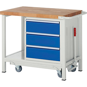 Werkbank mit absenkbarem Fahrgestell, Breite 100 cm, Tiefe 70 cm, Höhe 88 cm, 3 Schublade(n), Platte: Buche-Riegel