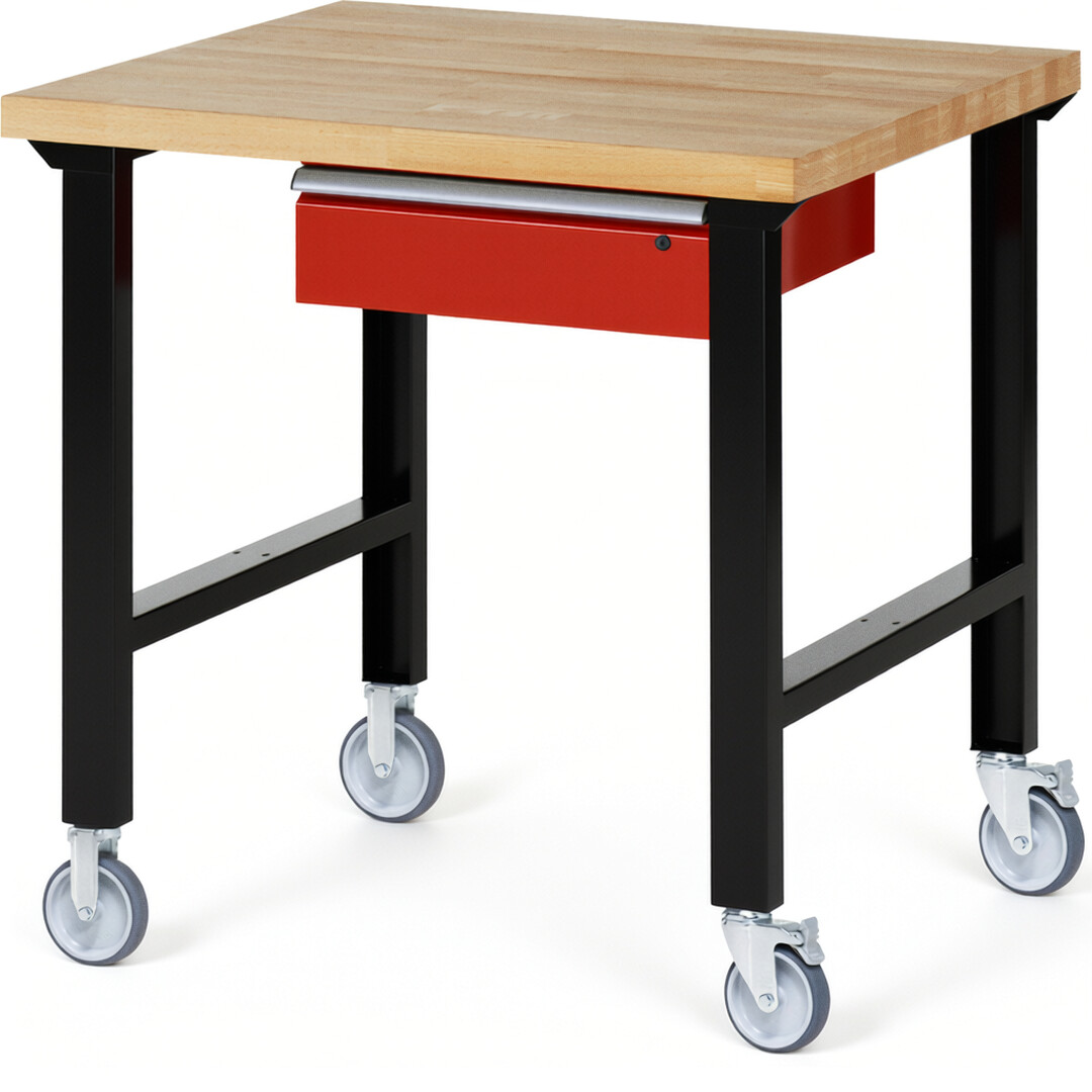 RAU Werkbank schwarz - rot - Breite 100 cm - Tiefe 90 cm - Höhe 100 cm - Buche-Massiv Arbeitsplatte 40 mm