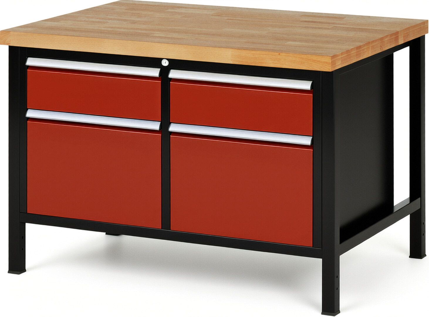 RAU Werkbank schwarz - rot - Breite 125 cm - Tiefe 90 cm - Höhe 84 cm - Buche-Massiv Arbeitsplatte 40 mm