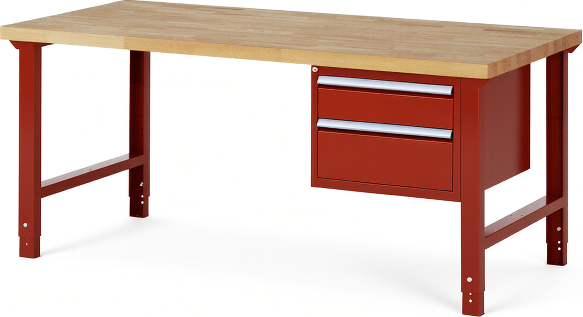 Werkbank Modell 7123 rot, BxTxH 2000x900x790-1140 mm,  Buche-Massiv Arbeitsplatte 40 mm,  2 Schubladen mit  Auszug 90 %
