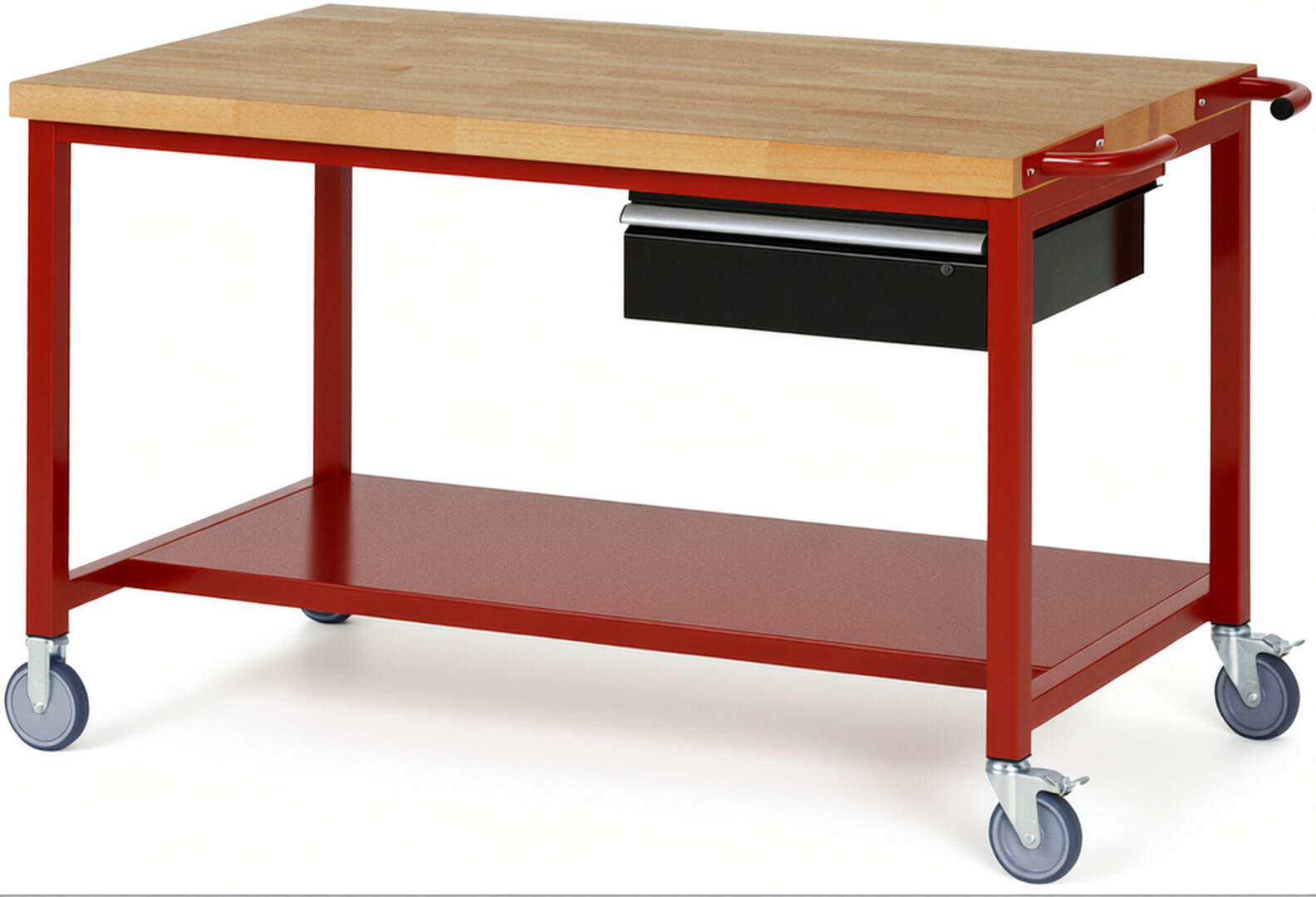 Fahrbare Werkbank Modell 8001 rot - schwarz, BxTxH 1500x900x880 mm,  Buche-Massiv Arbeitsplatte 40 mm,  1 Schublade mit  Auszug 90 %