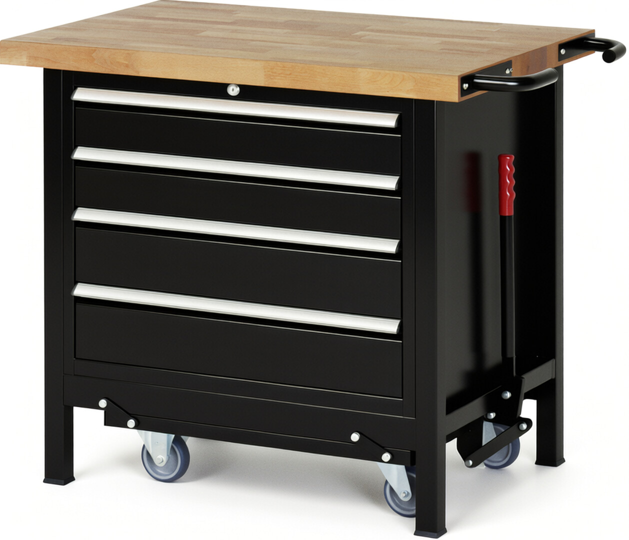 Absenkbare Werkbank Modell 8262 schwarz, BxTxH 1000x700x880 mm,  Buche-Massiv Arbeitsplatte 40 mm,  4 Schubladen mit  Auszug 90 %