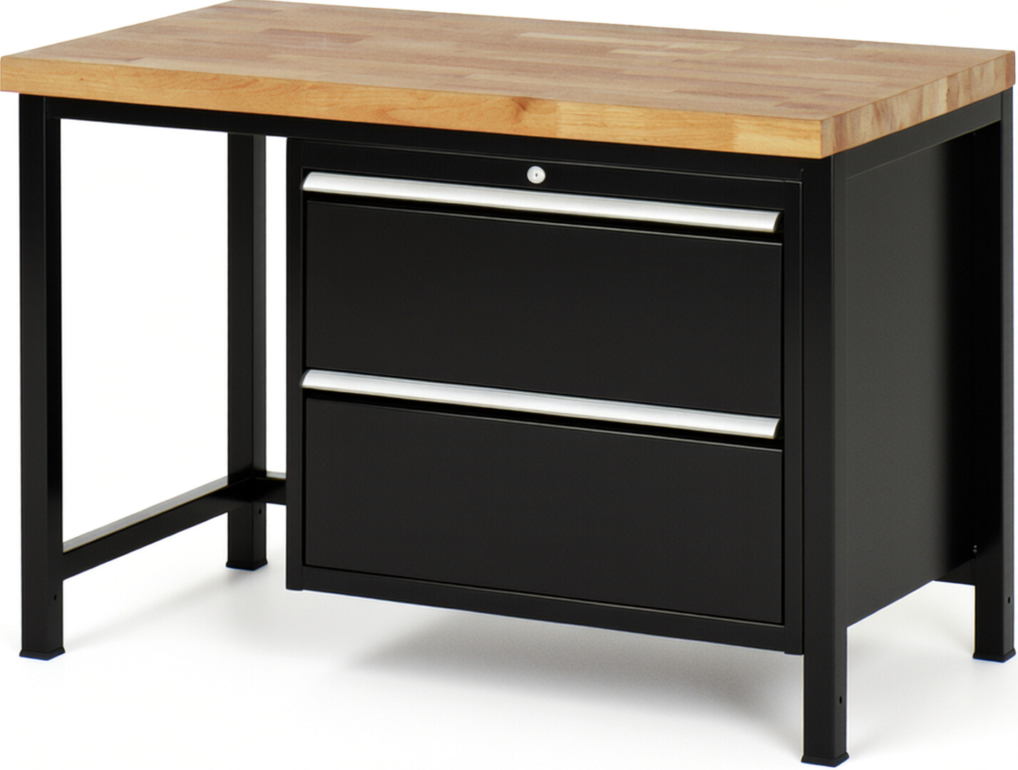 Werkbank Modell 8255 schwarz, BxTxH 1250x700x840 mm,  Buche-Massiv Arbeitsplatte 40 mm,  2 Schubladen mit  Auszug 90 %