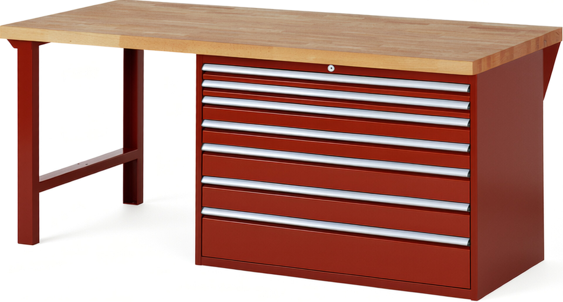 Werkbank Modell 7717 rot, BxTxH 2000x900x890 mm,  Buche-Massiv Arbeitsplatte 40 mm,  7 Schubladen mit  Auszug 90 %