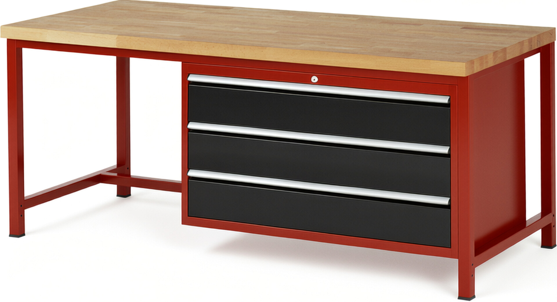 Werkbank Modell 8357 rot - schwarz, BxTxH 2000x900x840-1040 mm,  Buche-Massiv Arbeitsplatte 40 mm,  3 Schubladen mit  Auszug 90 %