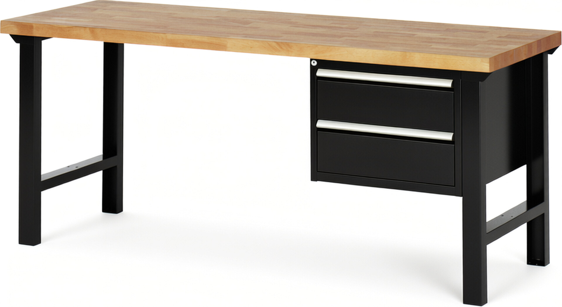 Werkbank Modell 7125 schwarz, BxTxH 2000x700x840 mm,  Buche-Massiv Arbeitsplatte 40 mm,  2 Schubladen mit  Auszug 90 %