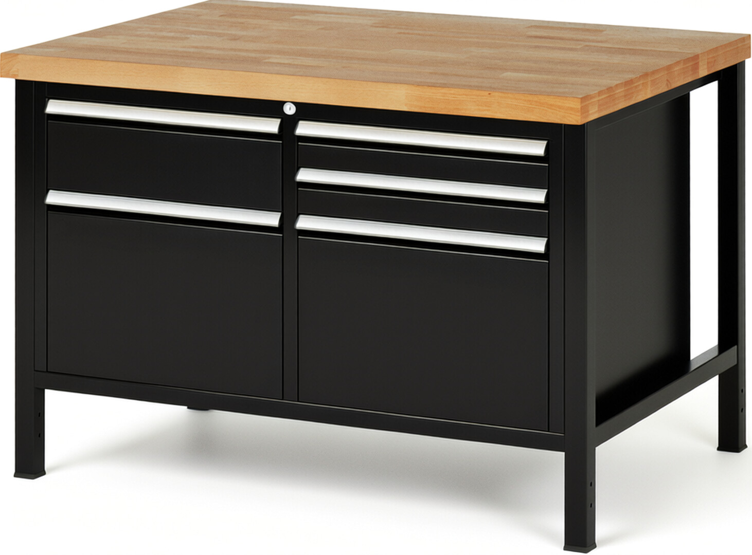 Werkbank Modell 8472 schwarz, BxTxH 1250x900x840 mm,  Buche-Massiv Arbeitsplatte 40 mm,  5 Schubladen mit  Vollauszug 100 % und  SoftClosing