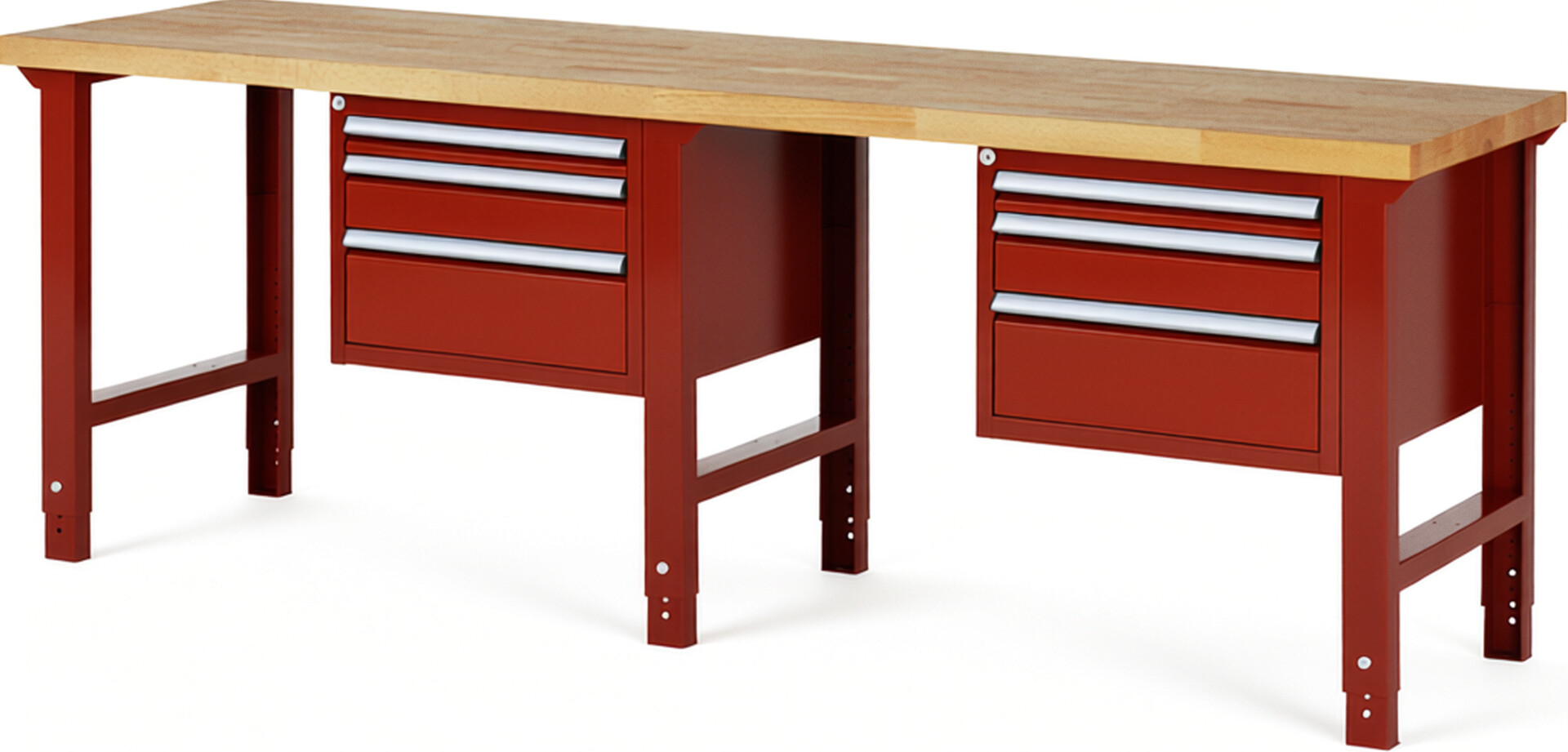 Werkbank Modell 7126 rot, BxTxH 2500x700x790-1140 mm,  Buche-Massiv Arbeitsplatte 40 mm,  6 Schubladen mit  Auszug 90 %