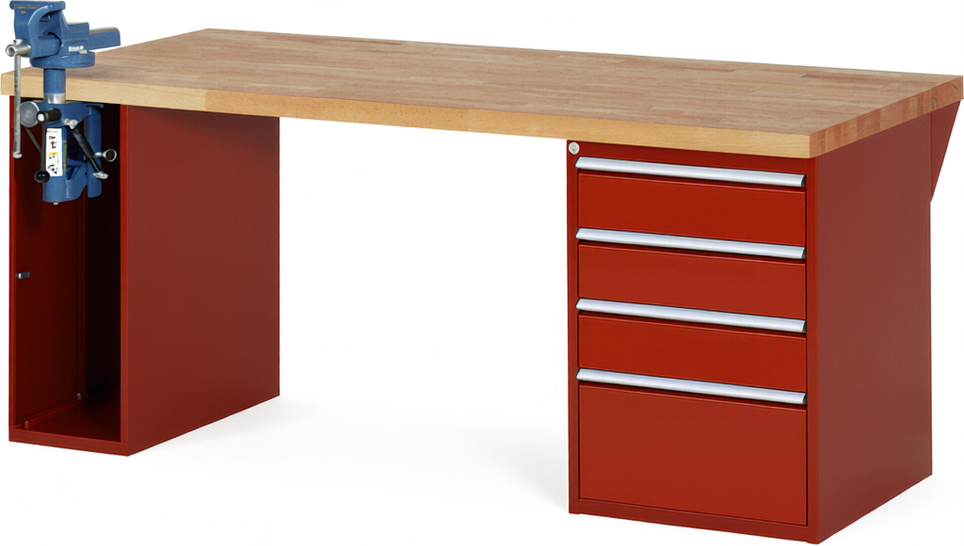 Werkbank Modell 7510 rot, BxTxH 2000x900x890 mm,  Buche-Massiv Arbeitsplatte 40 mm,  4 Schubladen mit  Auszug 90 %