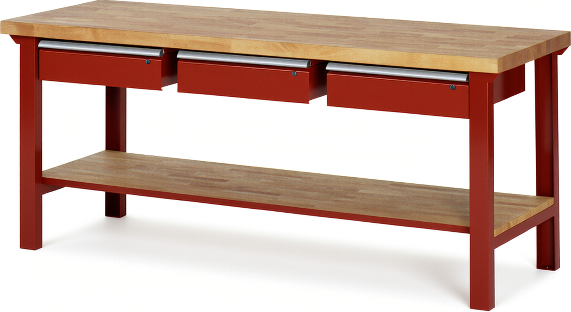 Werkbank Modell 7003 rot, BxTxH 2000x700x840 mm,  Buche-Massiv Arbeitsplatte 40 mm,  3 Schubladen mit  Auszug 90 %