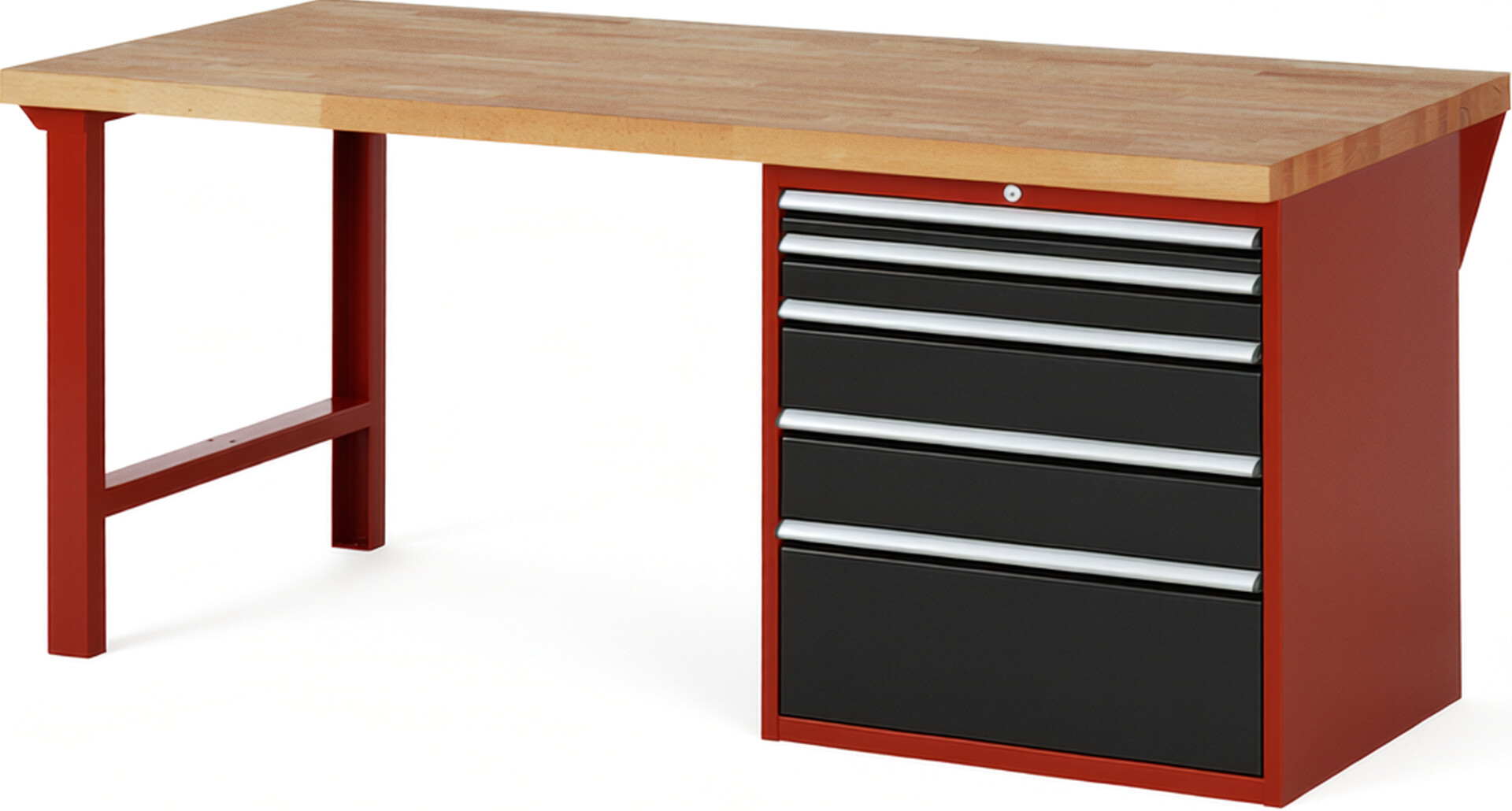 Werkbank Modell 7611 rot - schwarz, BxTxH 2000x900x890 mm,  Buche-Massiv Arbeitsplatte 40 mm,  5 Schubladen mit  Auszug 90 %