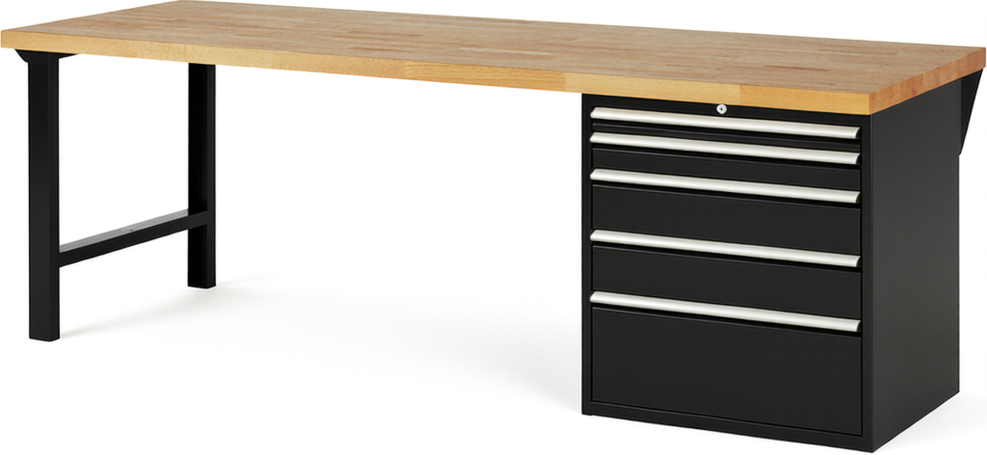 Werkbank Modell 7611 schwarz, BxTxH 2500x900x890 mm,  Buche-Massiv Arbeitsplatte 40 mm,  5 Schubladen mit  Vollauszug 100 % und  SoftClosing